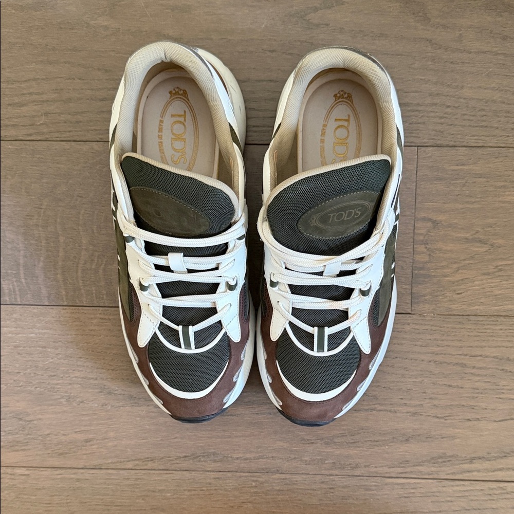 Tod's Brown, Olive & White Mixed-Material Sneakers